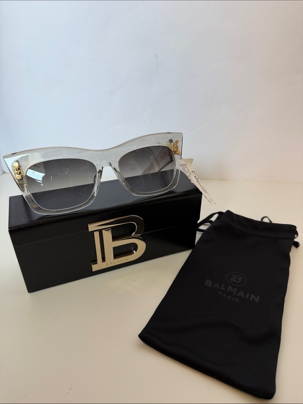 Balmain Cat Eye Frame Sunglasses with Gray Gradient Lenses and Gold Accents NIB